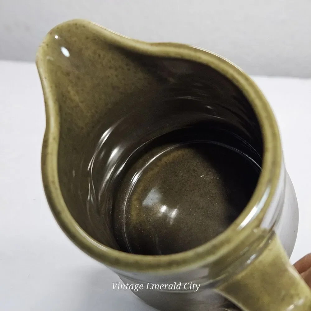 Vtg Homer Laughlin Sheffield 70s Olive Granada Green Ceramic Creamer Pitcher 7in